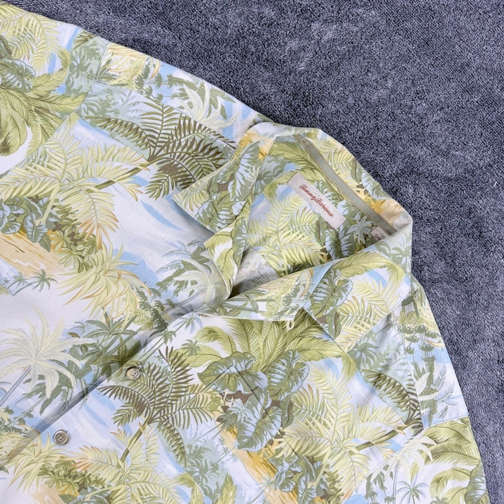 Tommy Bahama Mens Large 100% Silk Tropical Palm Tree Camp Shirt Green Yellow L